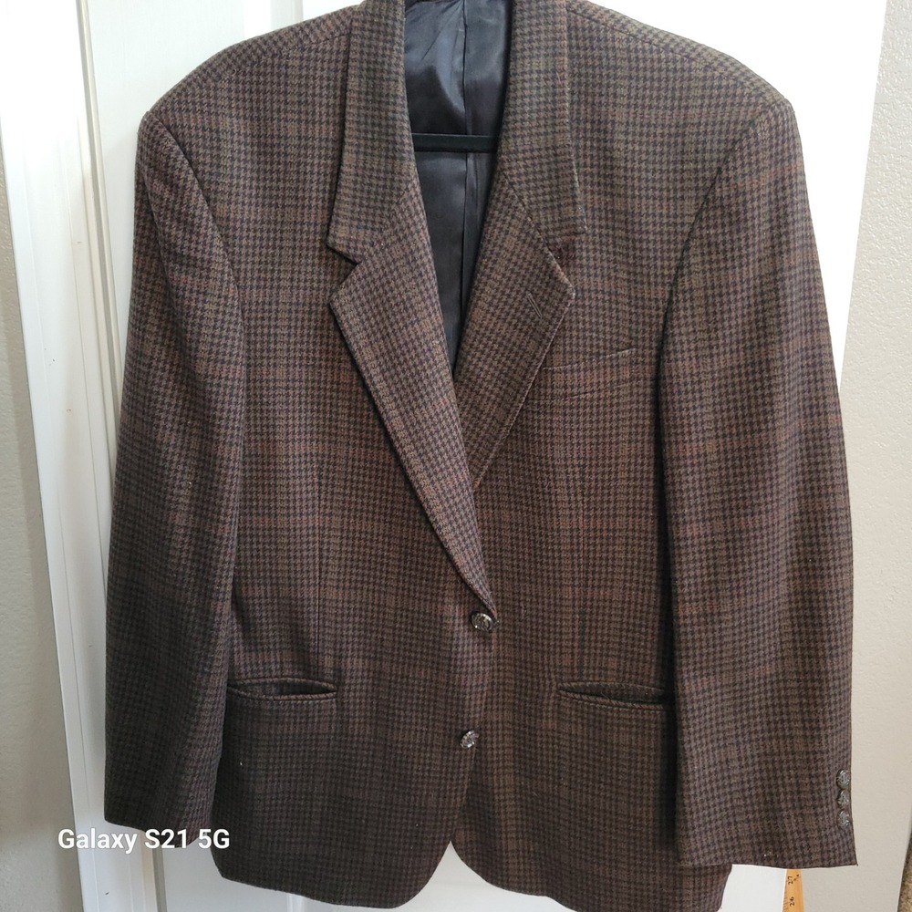 Cellini Collection Men Brown Green Houndstooth Blazer Cashmere Wool 2 Button 40R